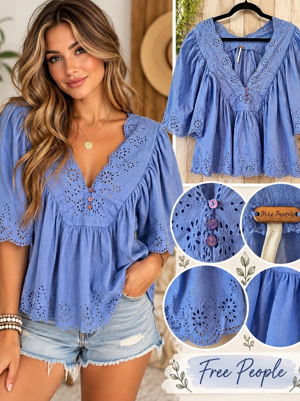 Free People Periwinkle Eyelet V-Neck Peasant Tunic
